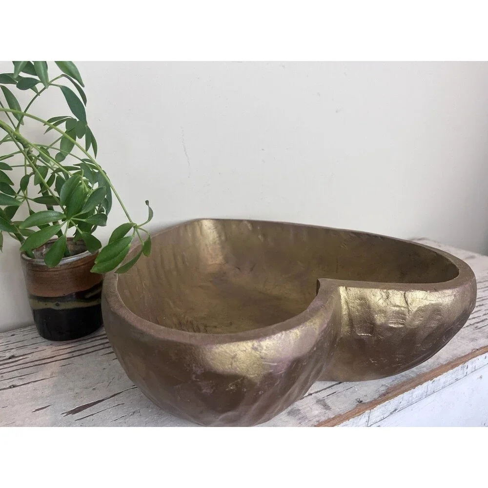 Charming Vintage Hand Carved Wooden Heart Bowl Gold Painted 13”x12”